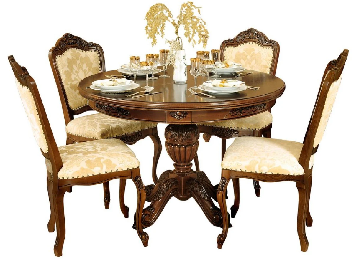 Luxury Baroque Dining Room Set Cream / Dark Brown - 1 Extendable Baroque Dining Table & 4 Baroque Dining Chairs - Baroque Dining Room Furniture - Luxury Furniture in Baroque Style - Noble & Magnificent