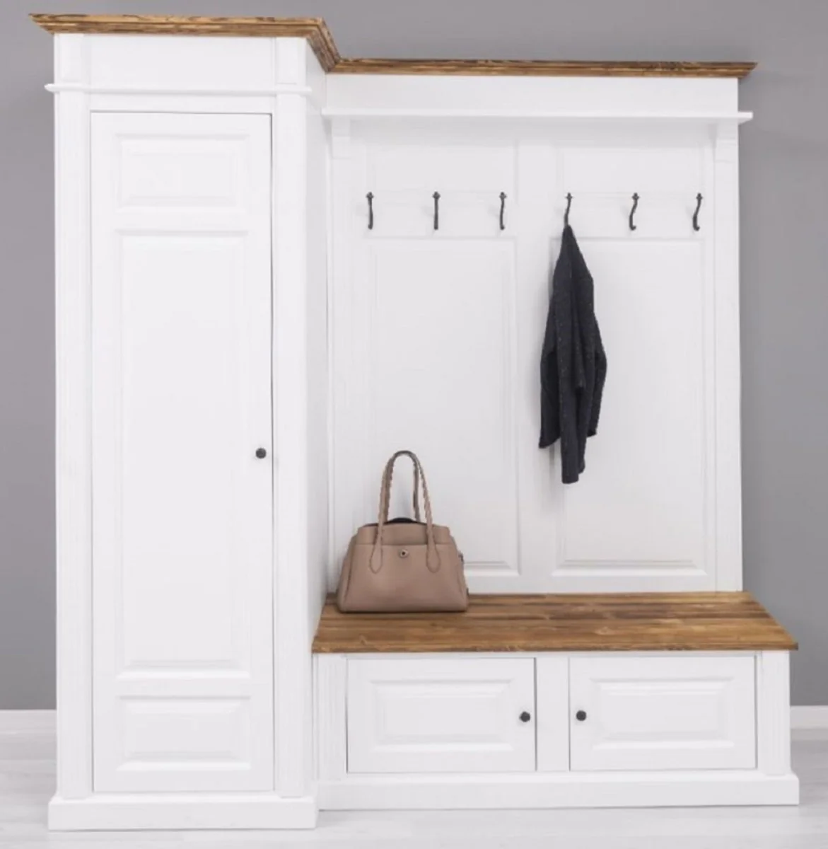 Country house style wardrobe white / brown 205 x 65 x H. 210 cm - solid wood wardrobe - hallway cabinet - hallway furniture - wardrobe furniture - solid wood furniture - country house style furniture