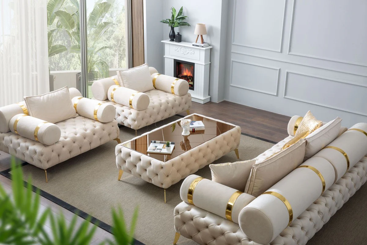 Luxury Chesterfield 3-seater sofa cream / gold 250 x 115 x H. 70 cm - Chesterfield living room sofa - living room furniture - Chesterfield furniture - luxury furniture - luxury furnishings - furniture luxury