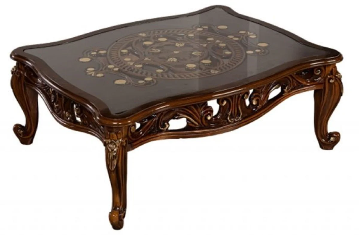 Luxury Baroque Coffee Table Brown / Gold - Handcrafted Solid Wood Living Room Table with Glass Top - Baroque Living Room Furniture - Noble & Magnificent