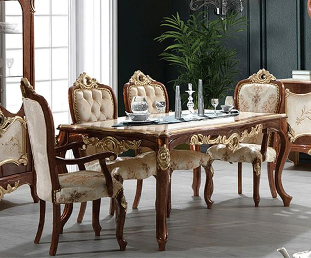 Luxury Baroque Dining Room Set Cream / Brown / Gold - 1 Baroque Dining Table & 6 Baroque Dining Chairs - Dining Room Furniture in Baroque Style - Noble & Magnificent