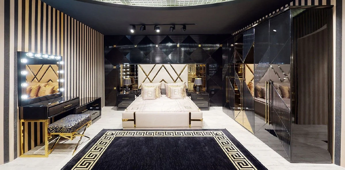 Luxury bedroom set cream / black / gold - 1 double bed with mirrored headboard & 2 bedside tables - luxury bedroom furniture - luxury bedroom furnishings