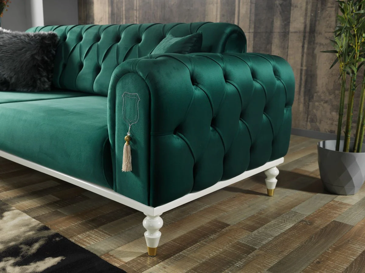 Luxury Chesterfield sofa bed green / white / gold 230 x 95 x H. 83 cm - Living room sofa with 3 cushions - Luxury living room furniture