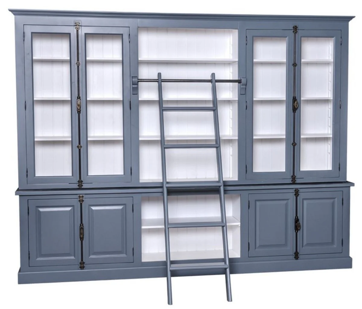 Country house style bookcase with ladder blue / white 300 x 50 x H. 230 cm - country house style furniture