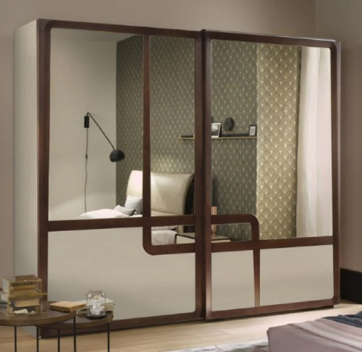 Luxury bedroom wardrobe white / brown 295 x 67 x H. 250 cm - Elegant solid wood wardrobe with 2 sliding doors - Bedroom furniture - Luxury quality - Made in Italy