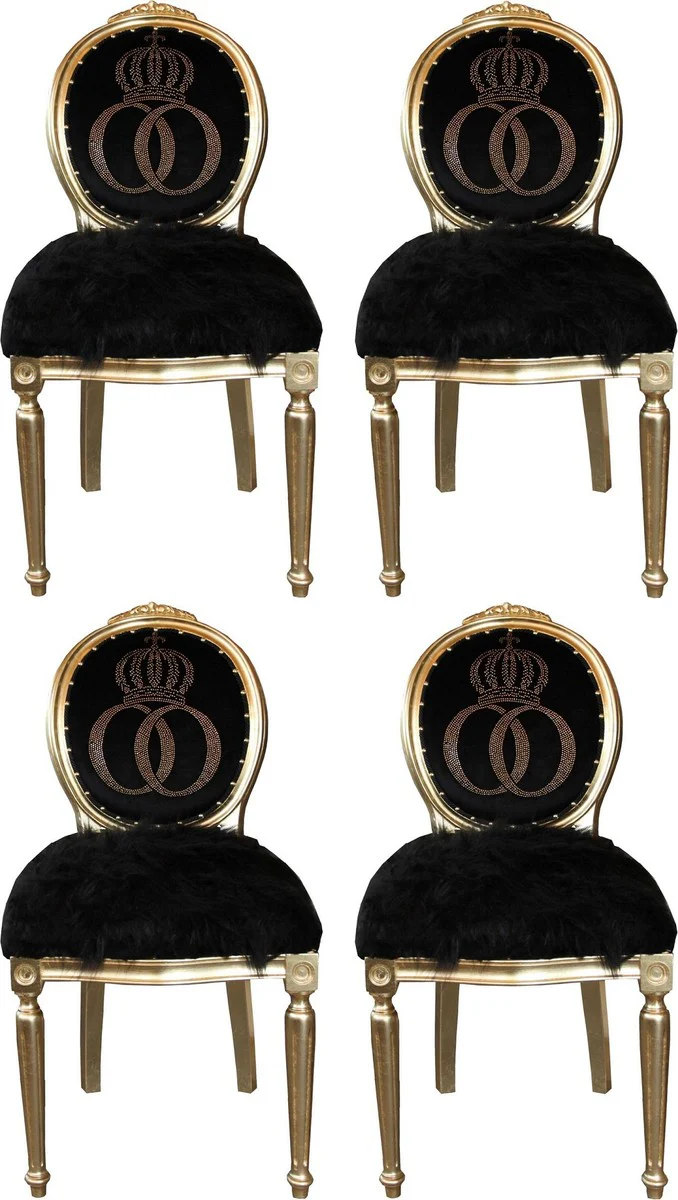 Pompöös by Luxury Baroque Dining Room Chairs Faux Fur Black / Gold Crown with Glitter Stones 50 x 60 x H. 104 cm - Pompöös Baroque Chairs designed by Harald Glööckler - 4 dining room chairs