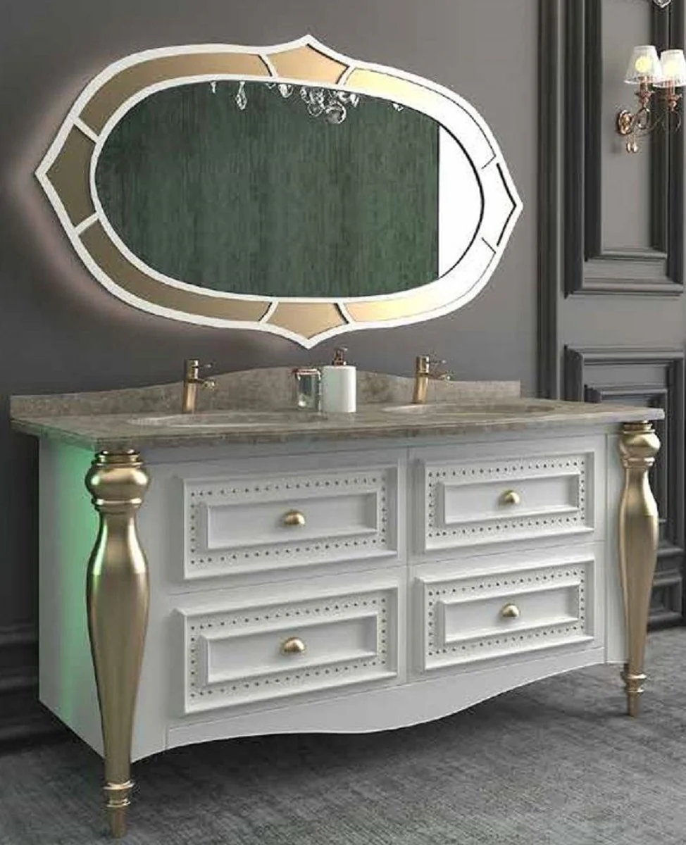 Luxury baroque bathroom set white / gray / gold - 1 vanity unit with 4 drawers and 2 sinks and 1 wall mirror - Magnificent bathroom furniture