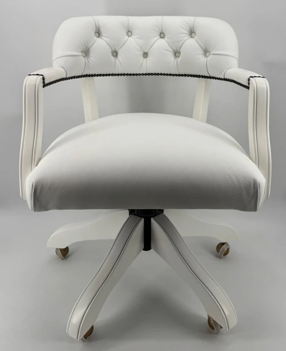 Luxus Leder Bürostuhl Weiß 58 x 65 x H. 80-87 cm - Höhenverstellbarer Schreibtischstuhl