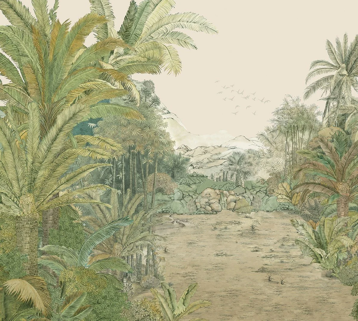 Luxus Vorhang Set Palmen Landschaft Creme / Grün 250 x H. 290 cm - Bedruckte Leinen & Samt Vorhänge - Ösenvorhänge - Schiebevorhänge - Luxus Deko Accessoires