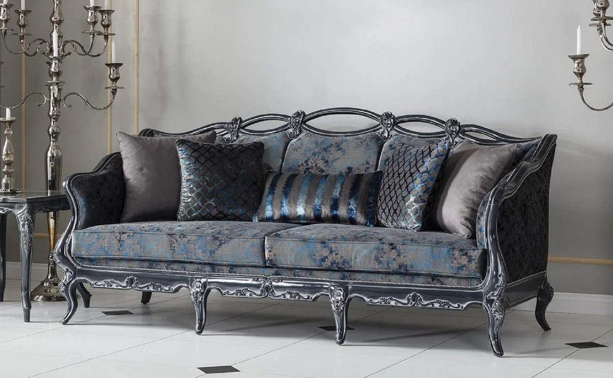 Luxury Baroque Sofa Gray / Blue / Gray 224 x 103 x H. 110 cm - Elegant living room sofa with elegant pattern and decorative pillows - Baroque style living room furniture