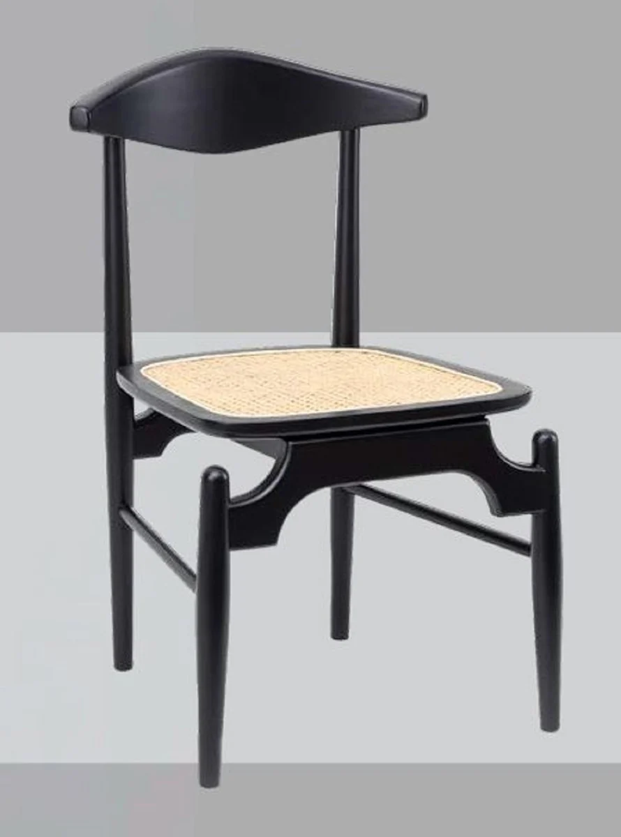 Luxury dining room chair set of 6 black / natural colors 53 x 54 x H. 85 cm - Luxury solid wood kitchen chairs with rattan seat - Dining room furniture - Kitchen furniture - Luxury furniture