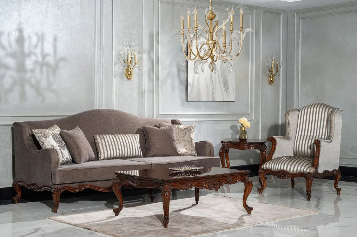 Luxury Baroque Living Room Set Gray / Silver / Brown - 2 Sofas & 2 Armchairs & 1 Coffee Table & 2 Side Tables - Handcrafted Living Room Furniture in Baroque Style - Noble & Magnificent