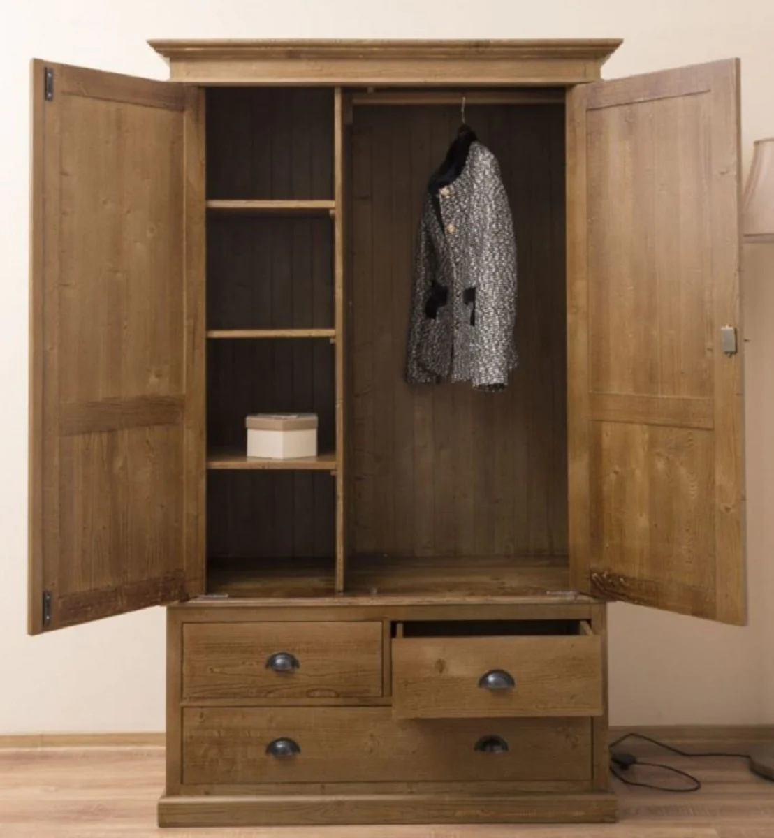 Country house style wardrobe brown 121 x 59 x H. 197 cm - solid wood bedroom wardrobe with 2 doors and 3 drawers - country house style bedroom furniture