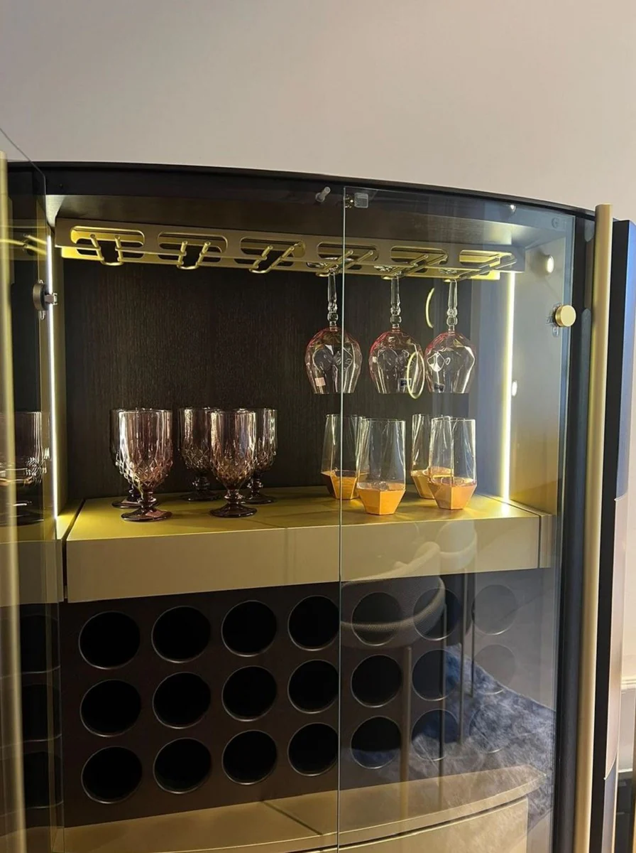 Luxury bar cabinet dark brown / brass 128 x 47 x H. 150 cm - Illuminated solid wood wine cabinet with 4 doors - Living room furniture - Bar furniture - Hotel furniture - Luxury collection