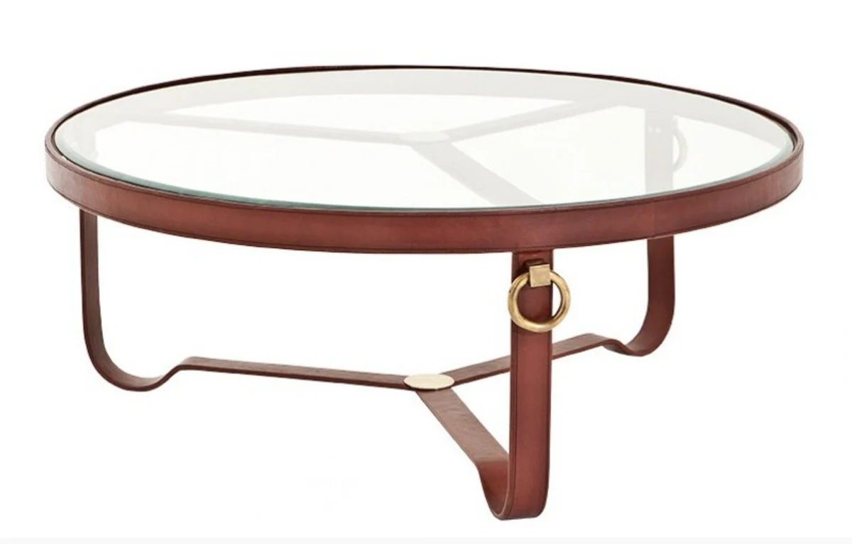 Luxury designer coffee table with glass top round genuine leather with brass applications