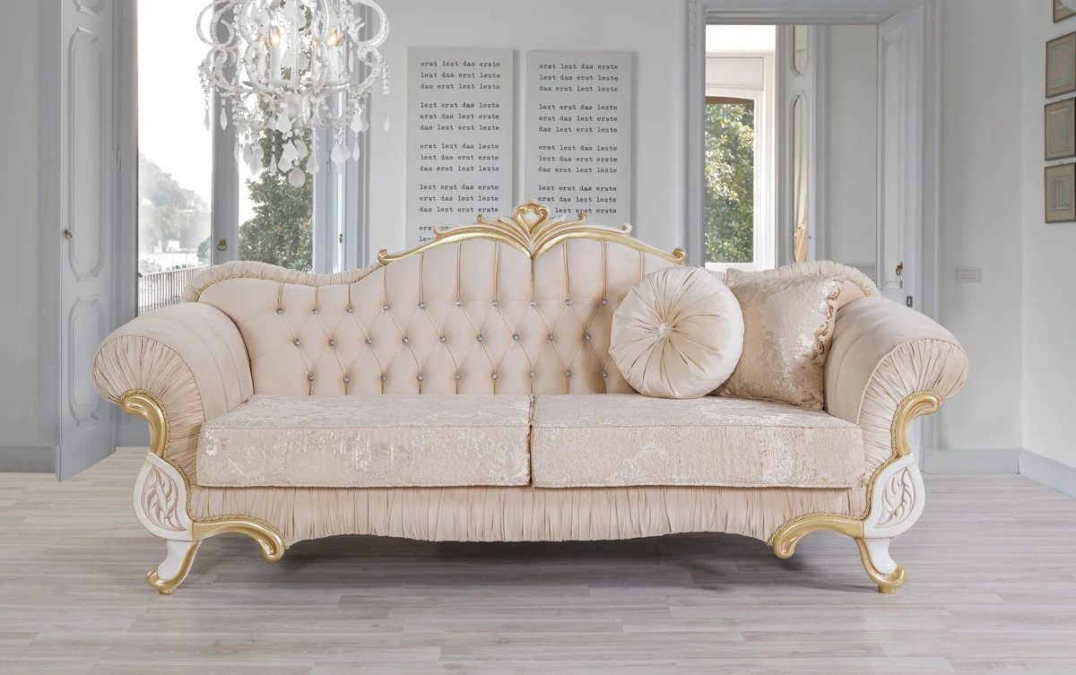 Barock Wohnzimmer Set Beige / Weiß / Gold - 2 Sofas & 2 Sessel & 1 Couchtisch - Wohnzimmer Möbel im Barockstil - Edle Barock Möbel