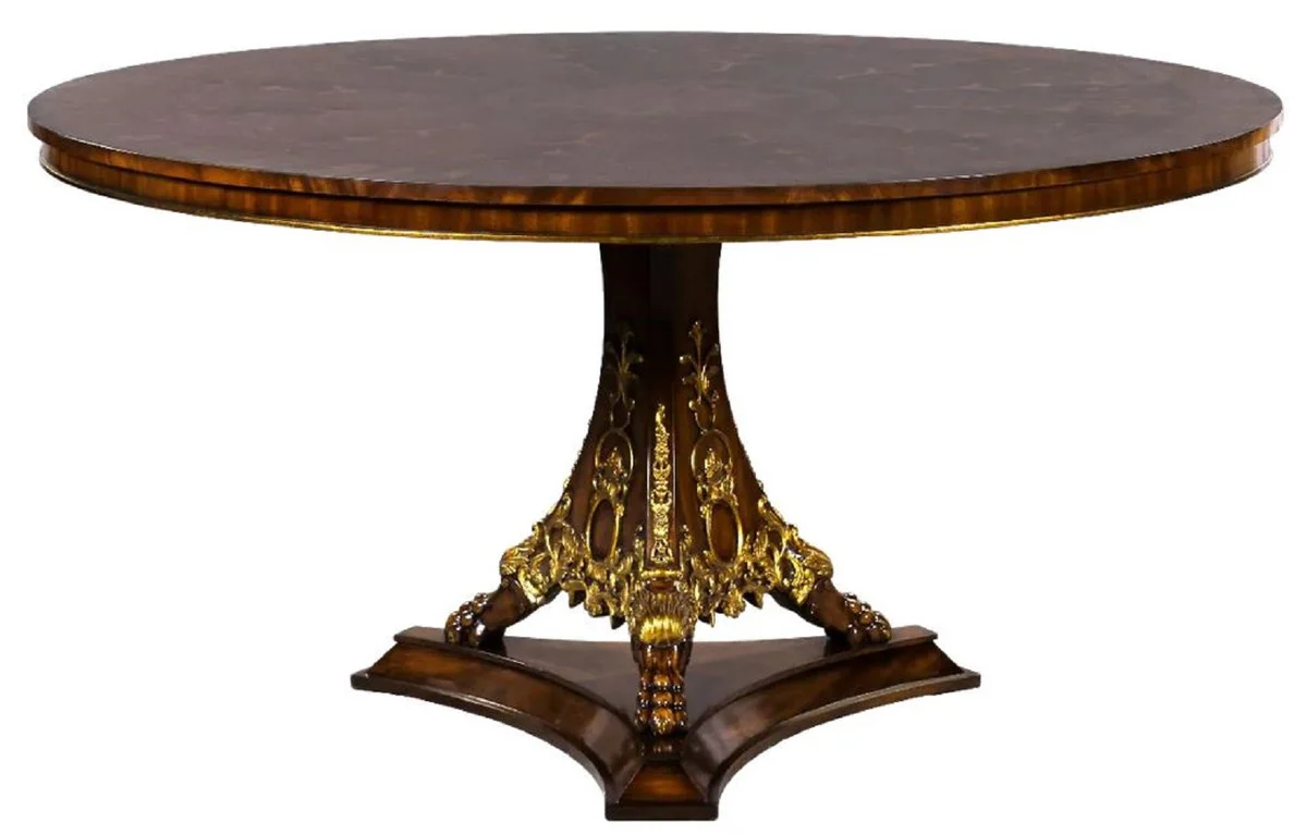 Luxury baroque dining table dark brown inlaid / gold Ø 150 cm - Round baroque style solid wood kitchen table - Luxury dining room furniture in baroque style - Baroque dining room furniture