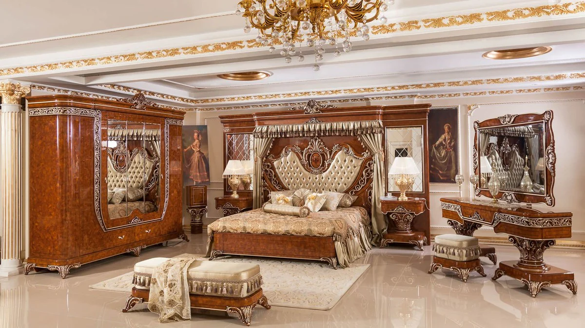 Luxury baroque bedroom set gold / brown / bronze colors - 1 double bed with headboard and back wall & 2 bedside chests - bedroom furniture in baroque style - noble and magnificent