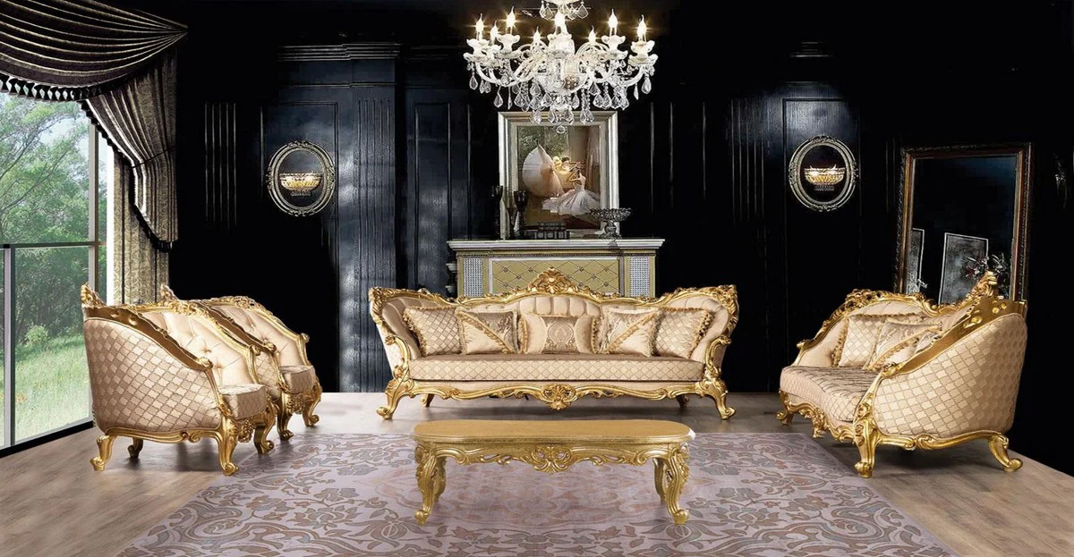 Luxus Barock Wohnzimmer Set Gold - 2 Barock Sofas mit Muster & 2 Barock Sessel mit Muster & 1 Barock Couchtisch - Prunkvolle Barock Wohnzimmer Möbel