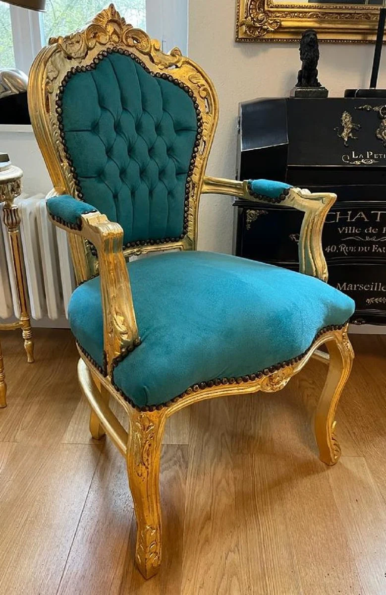 Baroque dining room chair with armrests turquoise / gold - handmade antique style solid wood chair with elegant velvet fabric - dining room furniture in baroque style - baroque furniture
