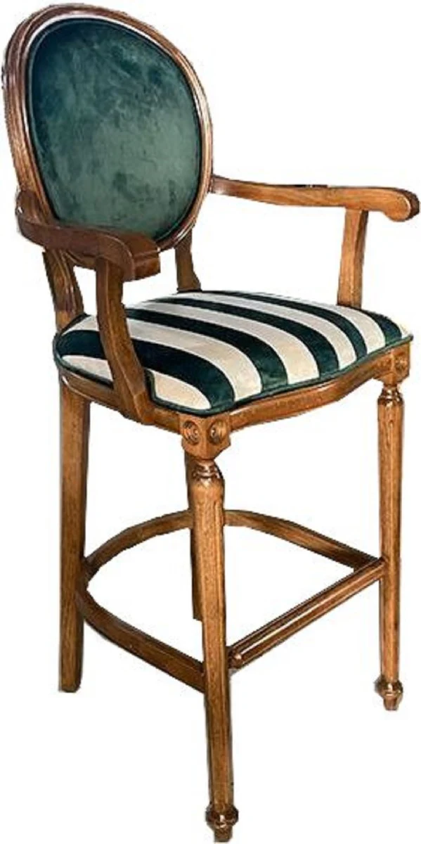 Baroque bar chair with armrests green / white / brown - striped antique style bar stool - handmade baroque bar furniture