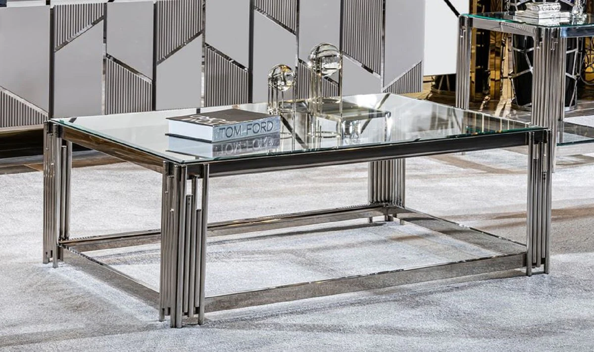 Luxury coffee table silver 120 x 80 x H. 45 cm - Rectangular living room table with glass top - Luxury living room furniture - Luxury hotel furniture