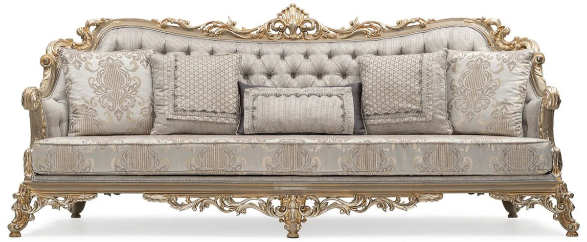 Luxus Barock Wohnzimmer Set Silber / Grau / Gold - 2 Barock Sofas & 2 Barock Sessel & 1 Barock Couchtisch - Handgefertigte Wohnzimmer Möbel im Barockstil - Edel & Prunkvoll