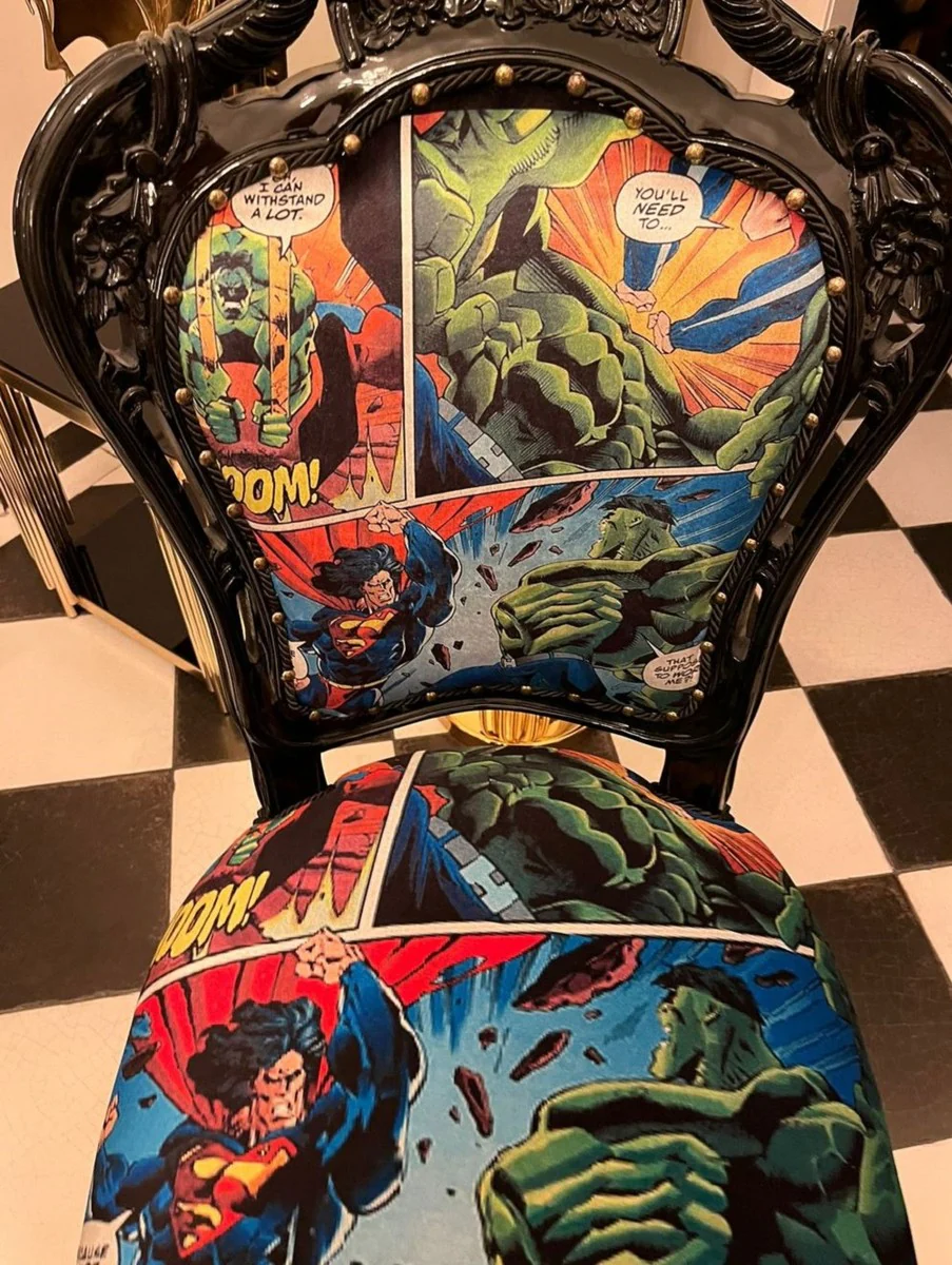 Luxury Baroque Dining Room Chair with Comic Design Multicolored / Black - Handmade Kitchen Chair in Baroque Style - Baroque Dining Room Furniture