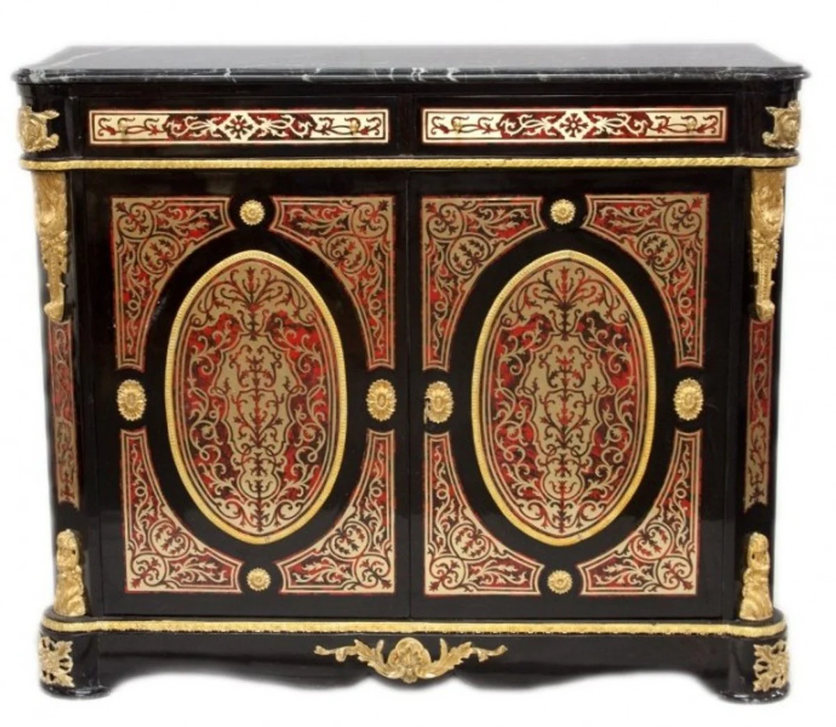 Baroque Boulle chest of drawers black / gold / red with marble top 125 cm - furniture cabinet sideboard