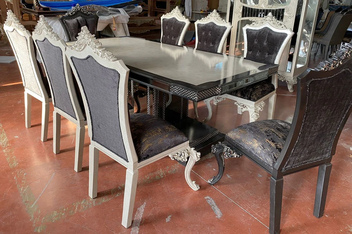 Luxury Baroque Dining Room Set Cream / Blue / Gold - 1 Baroque Dining Table & 6 Baroque Dining Chairs - Luxury Dining Room Furniture in Baroque Style - Magnificent Baroque Dining Room Furniture