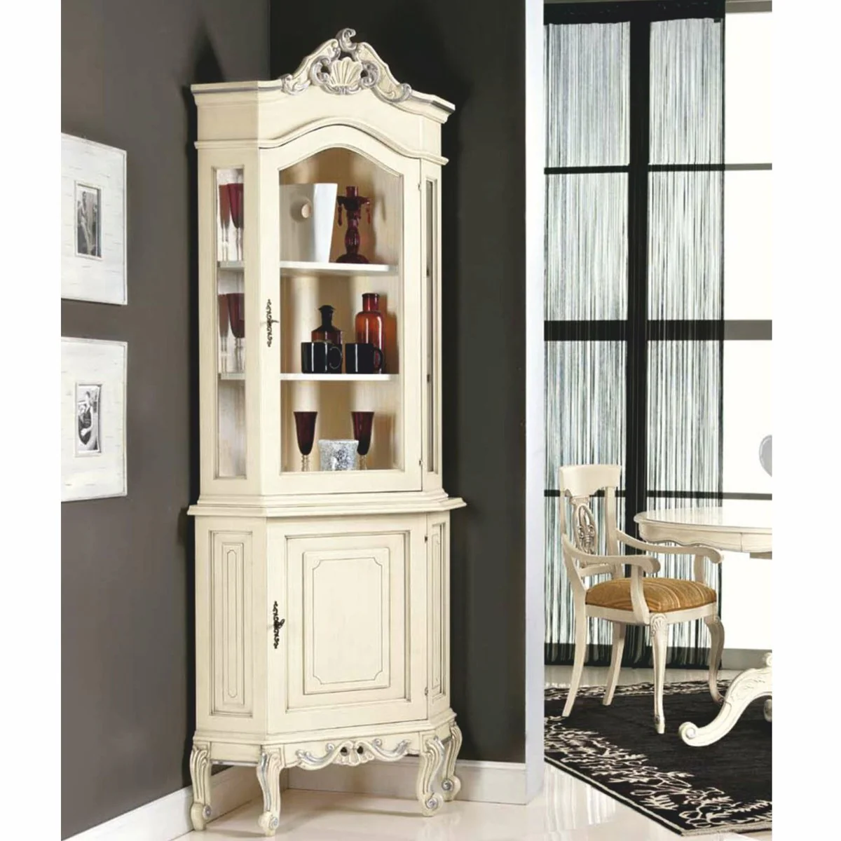Luxus Barock Eckvitrine Creme / Silber H. 226 cm - Barock Möbel - Made in Italy