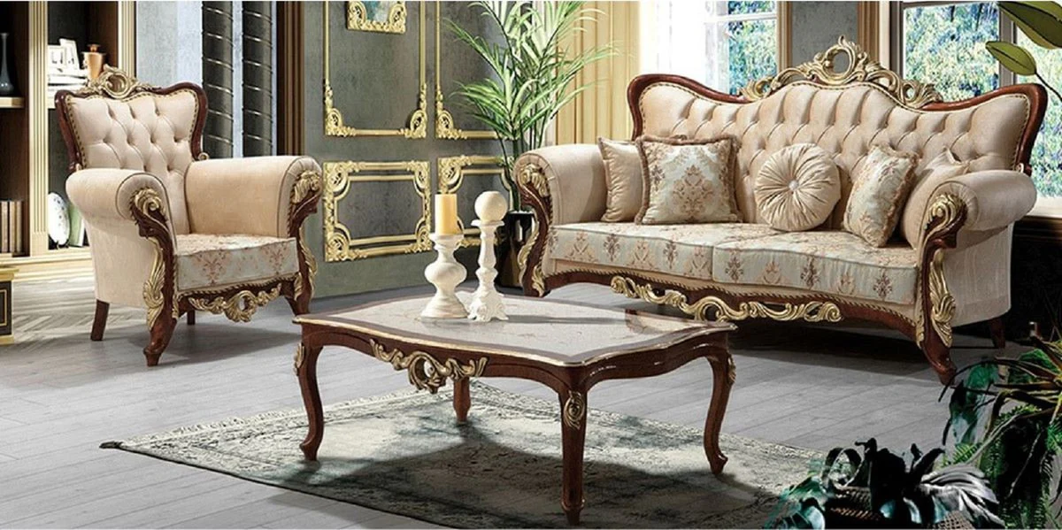 Luxus Barock Wohnzimmer Set Beige / Braun / Gold - 1 Barock Sofa mit Muster & 2 Barock Sessel mit Muster & 1 Barock Couchtisch - Prunkvolle Barock Wohnzimmer Möbel