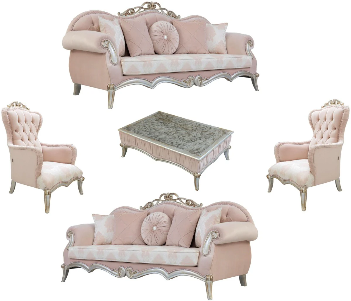 Luxus Barock Wohnzimmer Set Rosa / Silber / Gold - 2 Sofas mit Kissen & 2 Sessel & 1 Couchtisch - Wohnzimmermöbel im Barockstil - Edle Barock Möbel