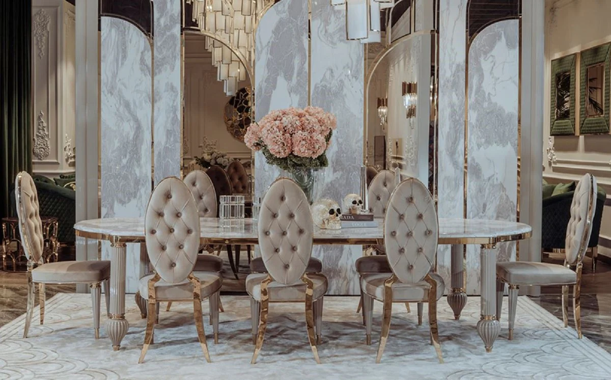 Luxury Art Deco dining room set gray / white / gold - 1 Art Deco dining table with artificial marble table top & 8 Art Deco dining room chairs - Magnificent Art Deco dining room furniture - luxury quality