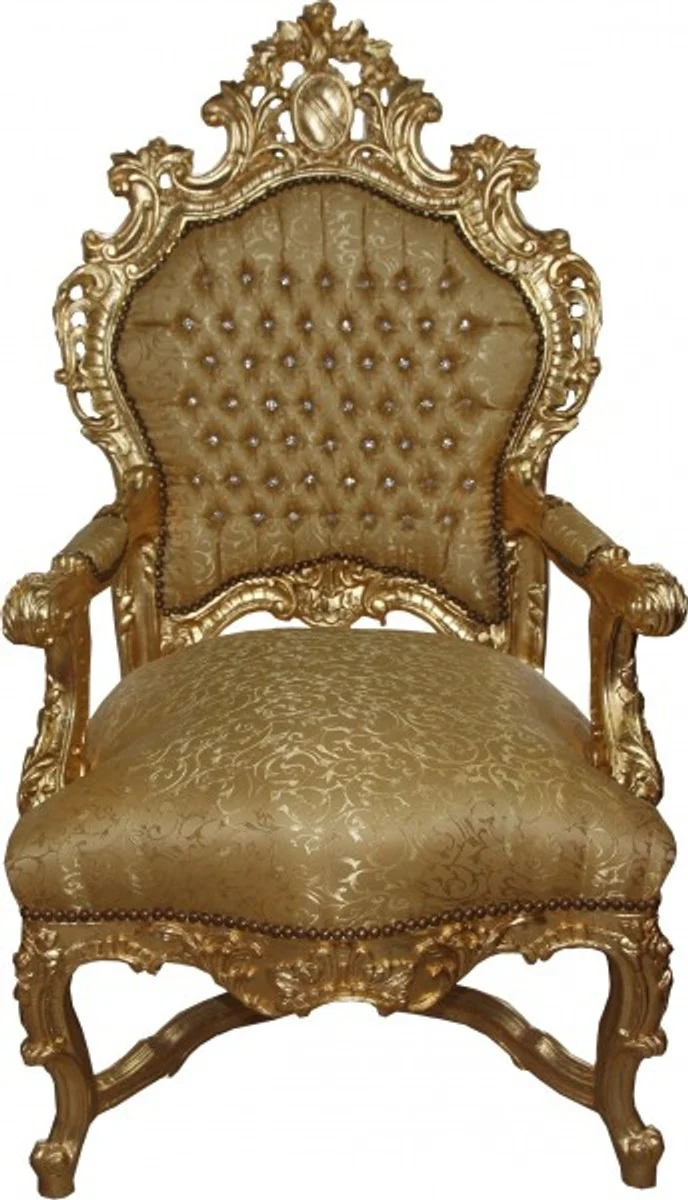 Barock Luxus Thron Sessel Gold Muster/Gold mit Bling Bling Glitzersteinen - Unikat - Barock Möbel Thron Königssessel - Limited Edition