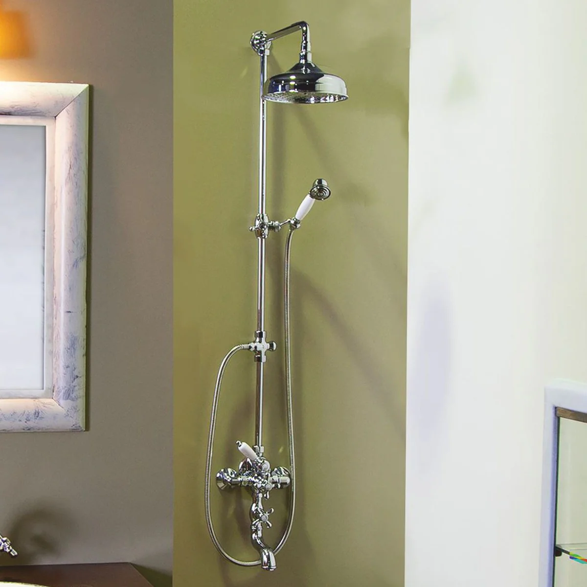 Art Nouveau bathtub mixer with overhead shower and hand shower H. 167.2 cm