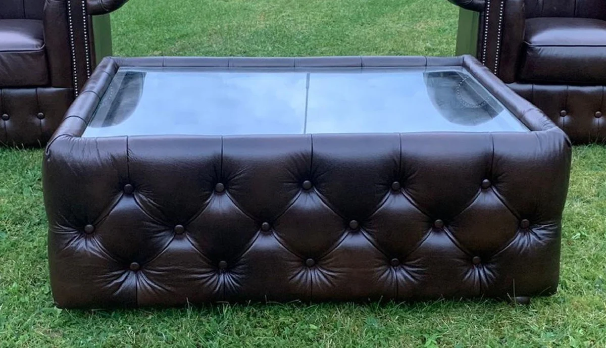 Luxury Chesterfield genuine leather coffee table with black glass top