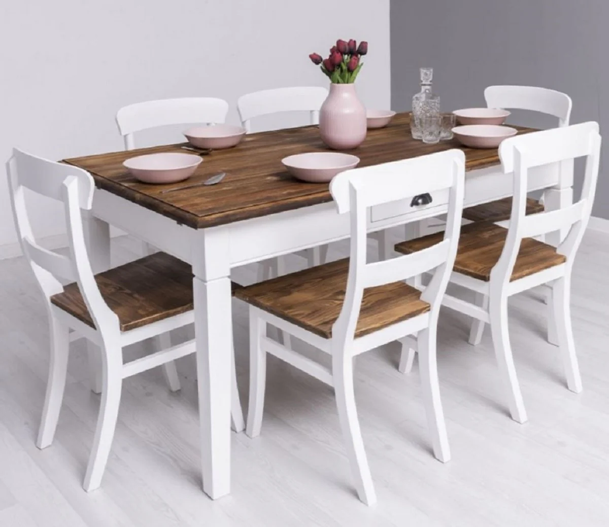 Country style dining room furniture set white / brown - 1 country style dining table & 6 country style dining room chairs - solid wood dining room furniture - country style dining room furniture