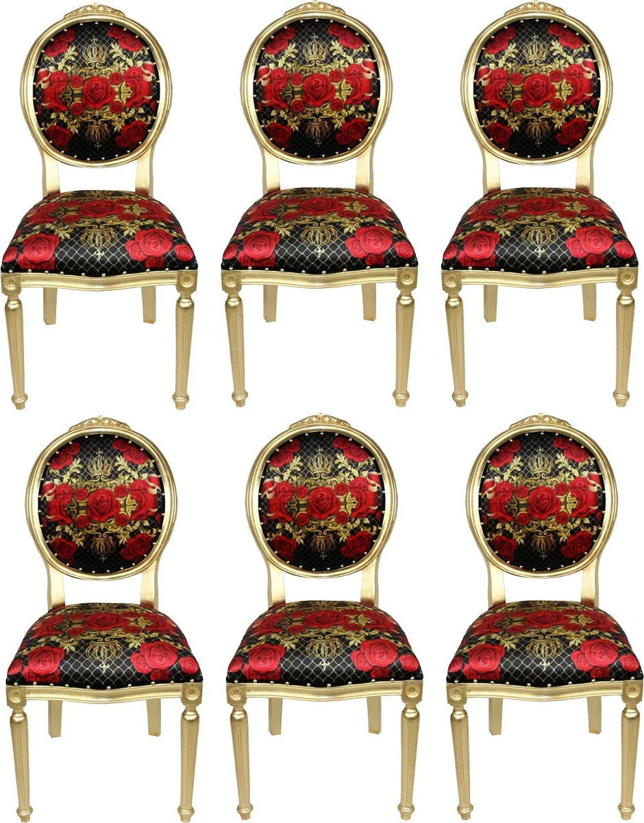 Pompöös by Luxury Baroque Dining Room Chairs Roses Black / Red / Gold - Pompöös Baroque Chairs designed by Harald Glööckler - 6 dining room chairs