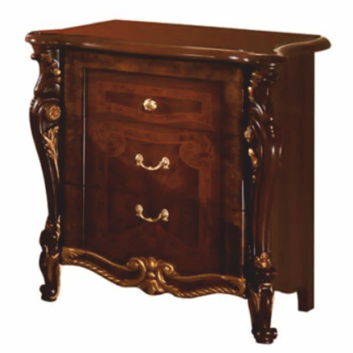 Luxus Barock Nachtkommode mit 3 Schubladen Dunkelbraun / Gold - Made in Italy