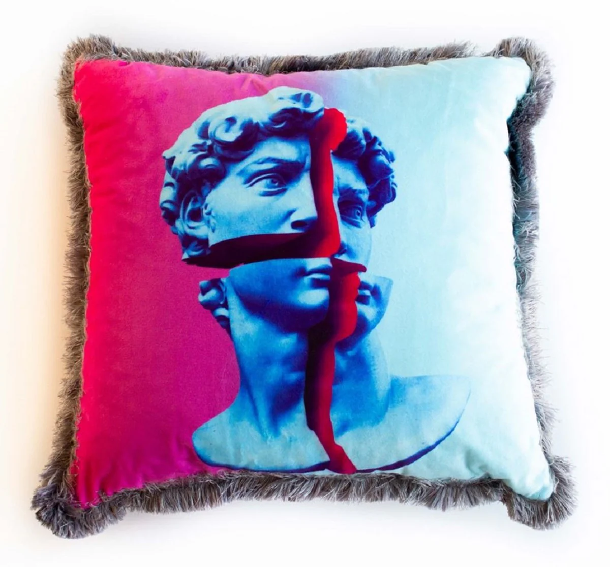 Luxury decorative cushion baroque bust multicolored / gray 45 x 45 cm - printed velvet cushion with fringes - luxury decorative accessories