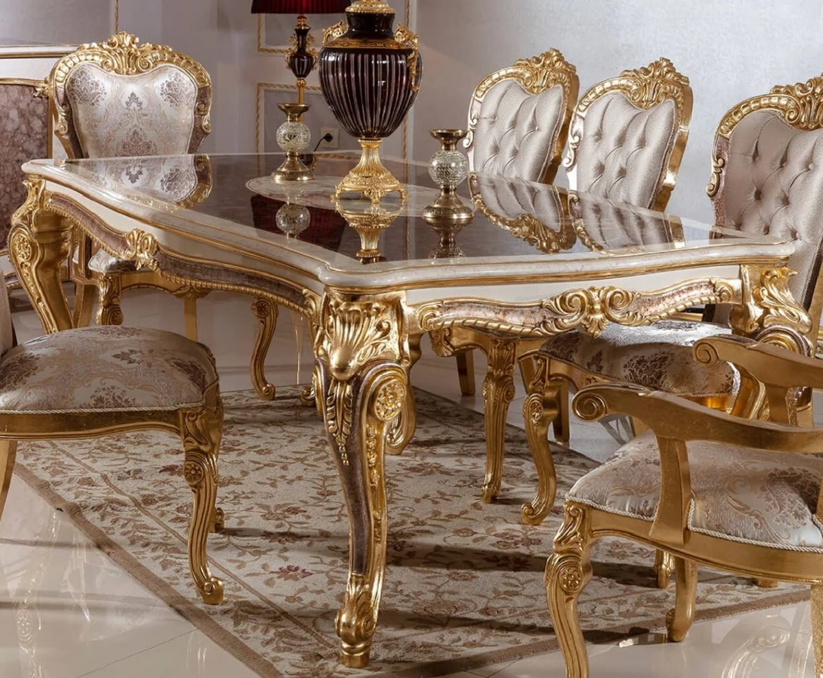 Luxury baroque dining table white / brown / gold 220 cm