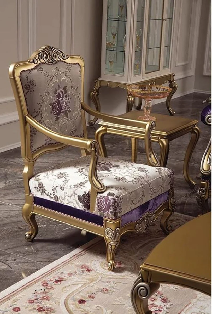 Luxury baroque living room set purple / gold / silver - 2 baroque sofas & 2 baroque armchairs & 1 baroque coffee table - living room furniture in baroque style - baroque furniture - baroque furnishings