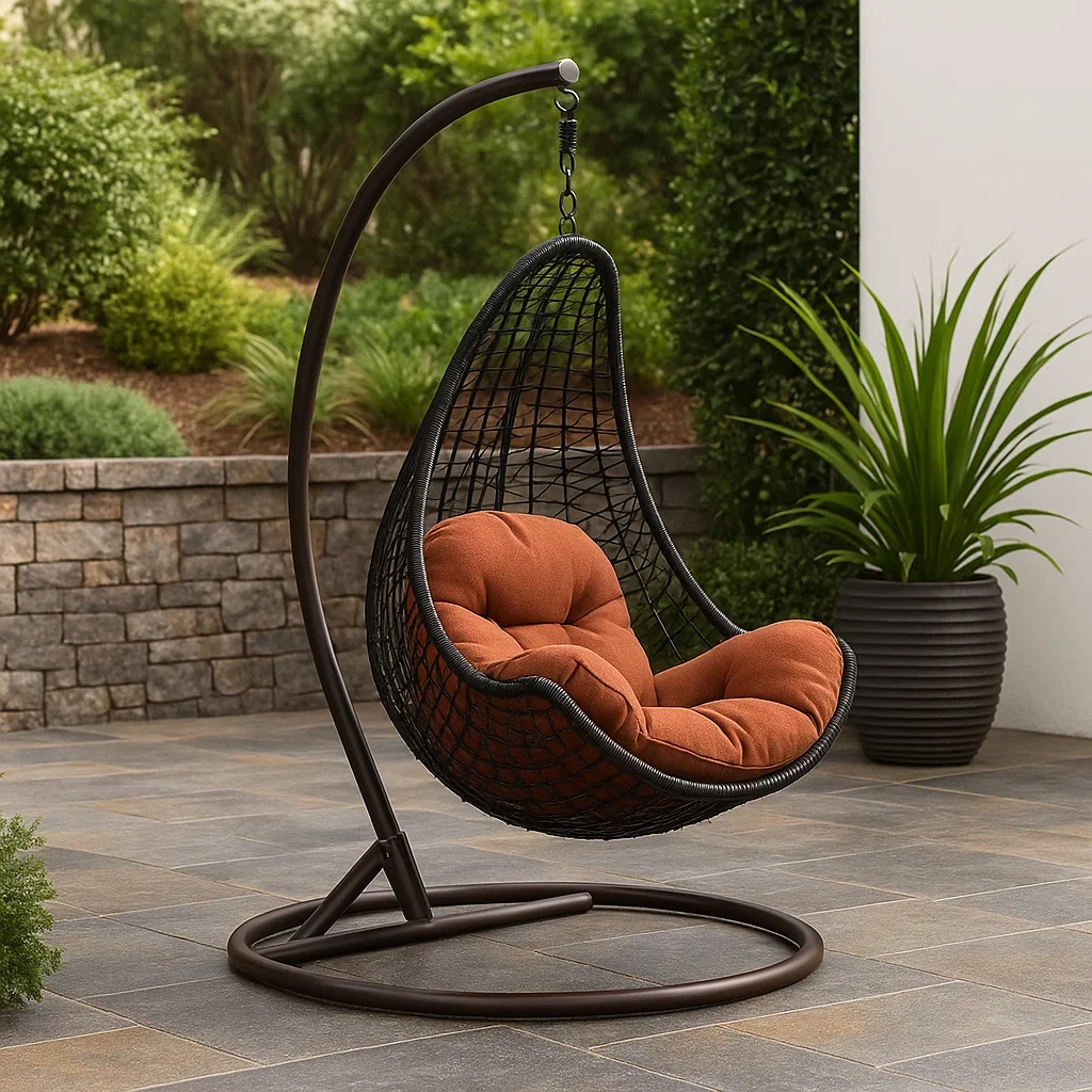 Hängesessel, braunes Metallgestell, schwarzer Stoffsitz, orange Kissen, mit Gestell, 90 x 90 x 200 cm - 6rrTcxGFSP90