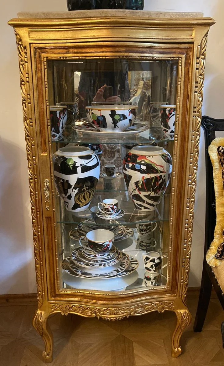 Barock Vitrine Gold / Creme - Handgefertigter Massivholz Vitrinenschrank mit Glastür und Marmorplatte - Wohnzimmer Möbel im Barockstil - Barock Möbel - Barock Einrichtung