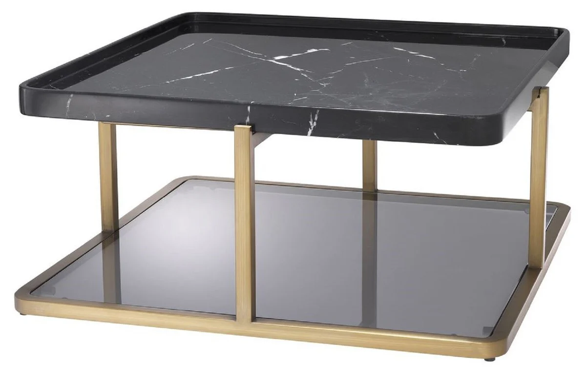 Luxury coffee table brass / black / gray 58 x 58 x H. 27.5 cm - Modern stainless steel living room table with marble top and tinted glass top - Luxury furniture