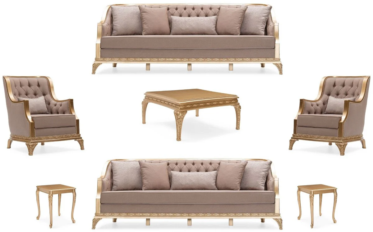 Luxus Barock Wohnzimmer Set Braun / Gold - 2 Sofas & 2 Sessel & 1 Couchtisch & 2 Beistelltische - Handgefertigte Luxus Wohnzimmer Möbel im Barockstil - Edel & Prunkvoll