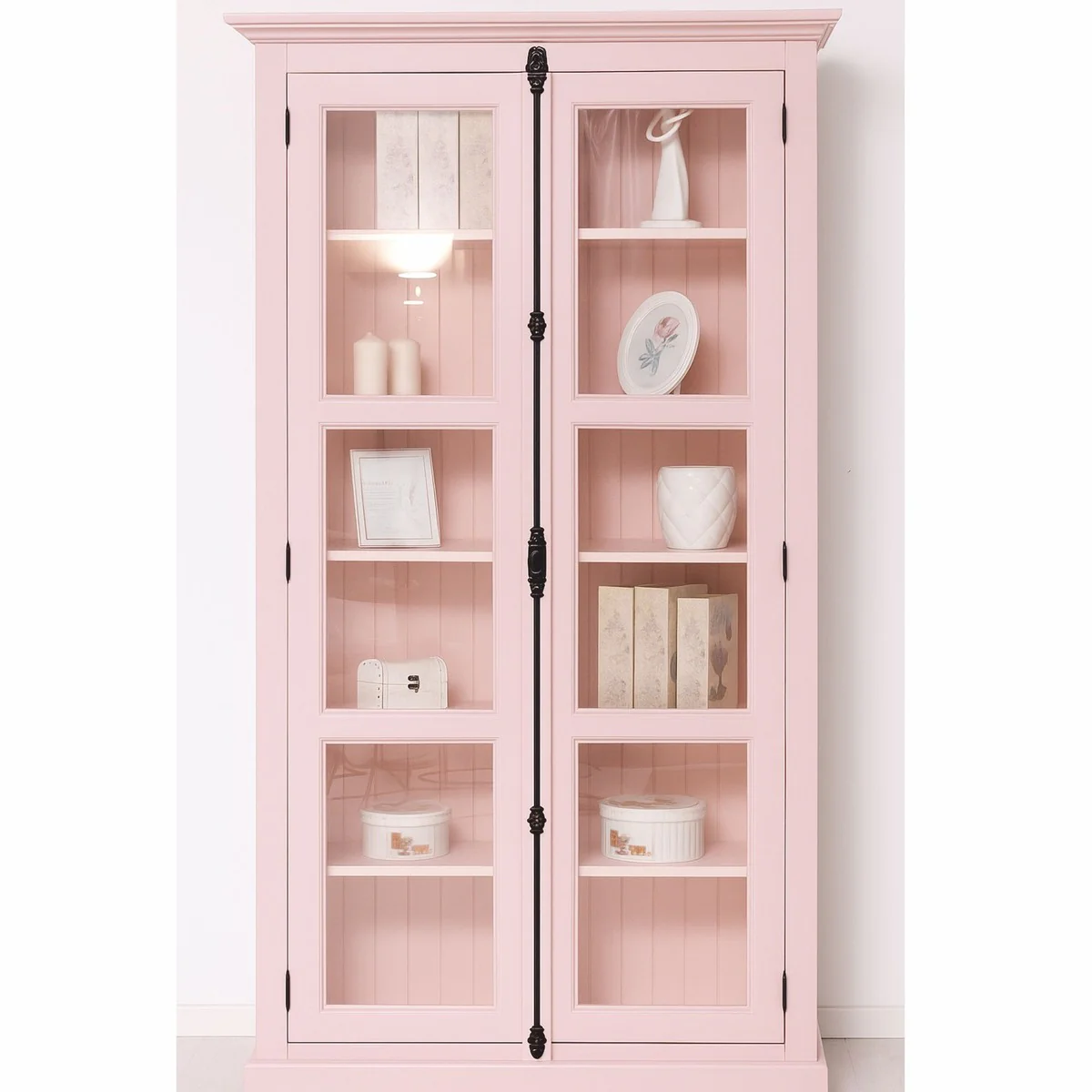 Country house style display cabinet with 2 glass doors pink H. 210 cm - country house style furniture