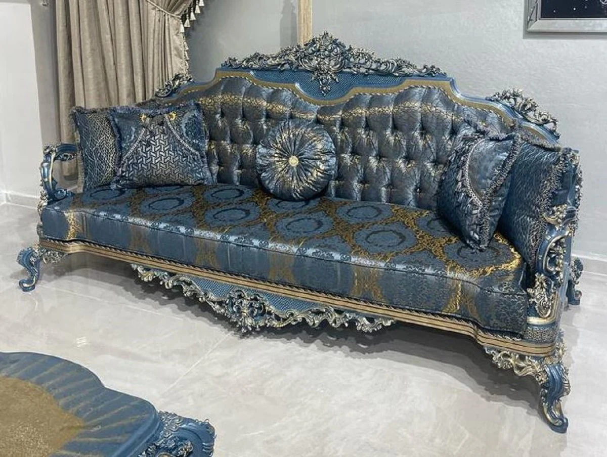 Luxus Barock Wohnzimmer Set Blau / Gold - 2 Barock Sofas & 2 Barock Sessel & 1 Barock Couchtisch - Luxus Wohnzimmer Möbel im Barockstil - Barock Möbel - Edel & Prunkvoll