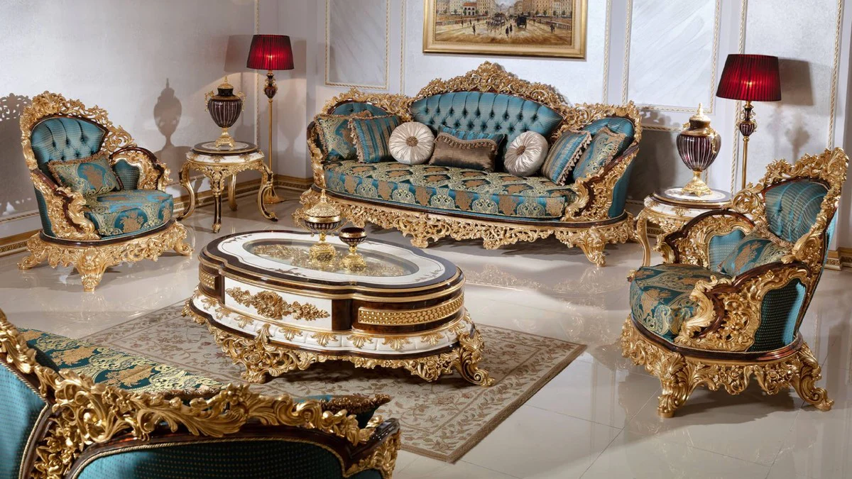 Luxury baroque coffee table white / brown / gold - magnificent solid wood living room table with glass top - baroque living room furniture - noble & magnificent